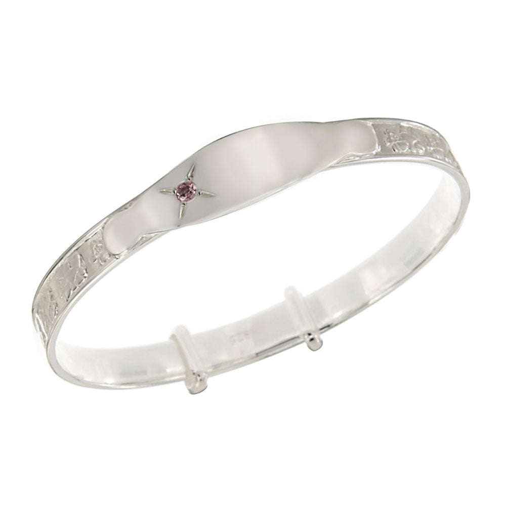 Engravable sterling silver christening baby bangle with teddy bear motif, baptism gift